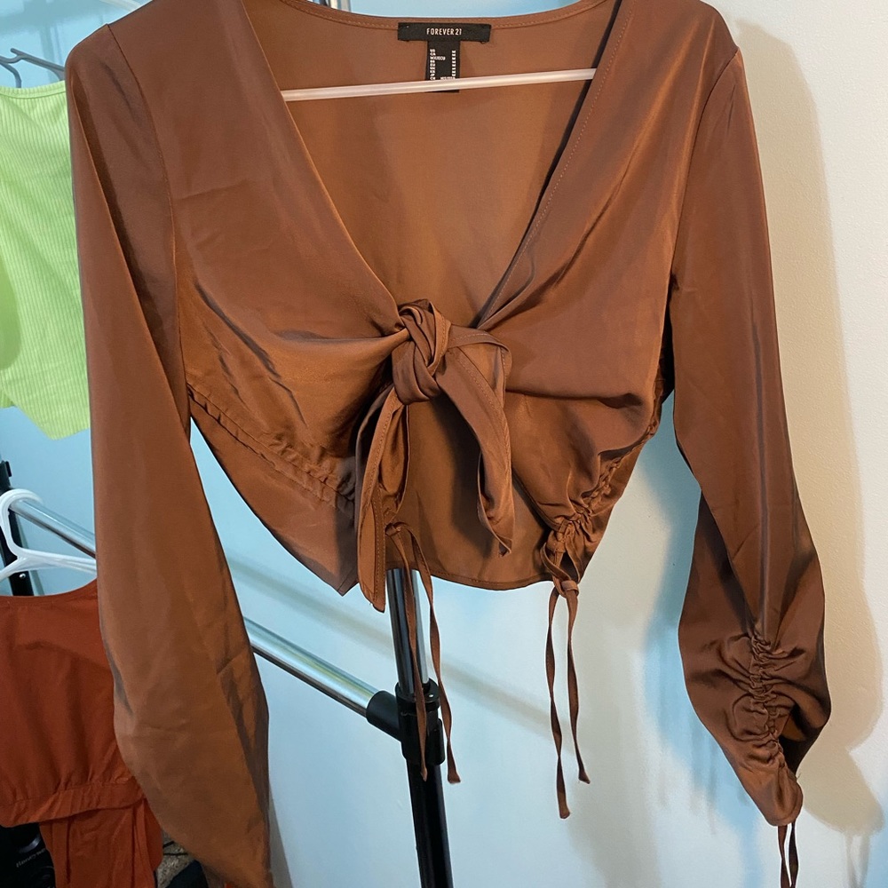 Forever 22 chocolate brown satin tie crop top